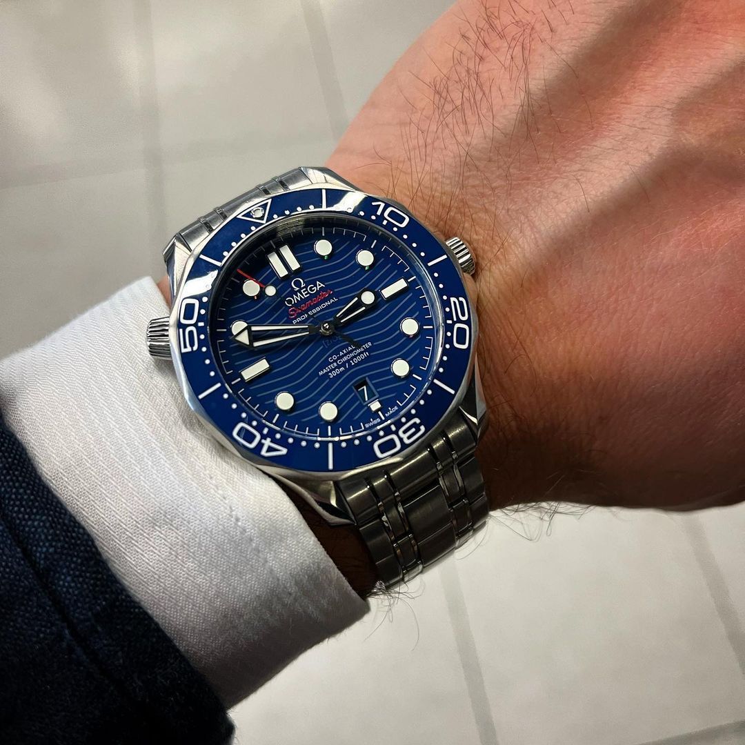 Omega Seamastera Diver blue ceramic dial watch.