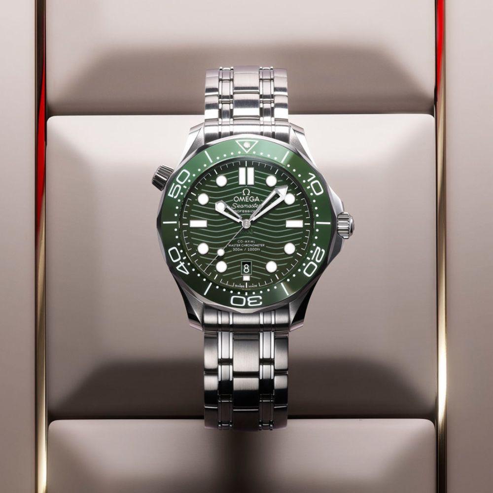 Omega Seamaster Diver green ceramic dial watch.