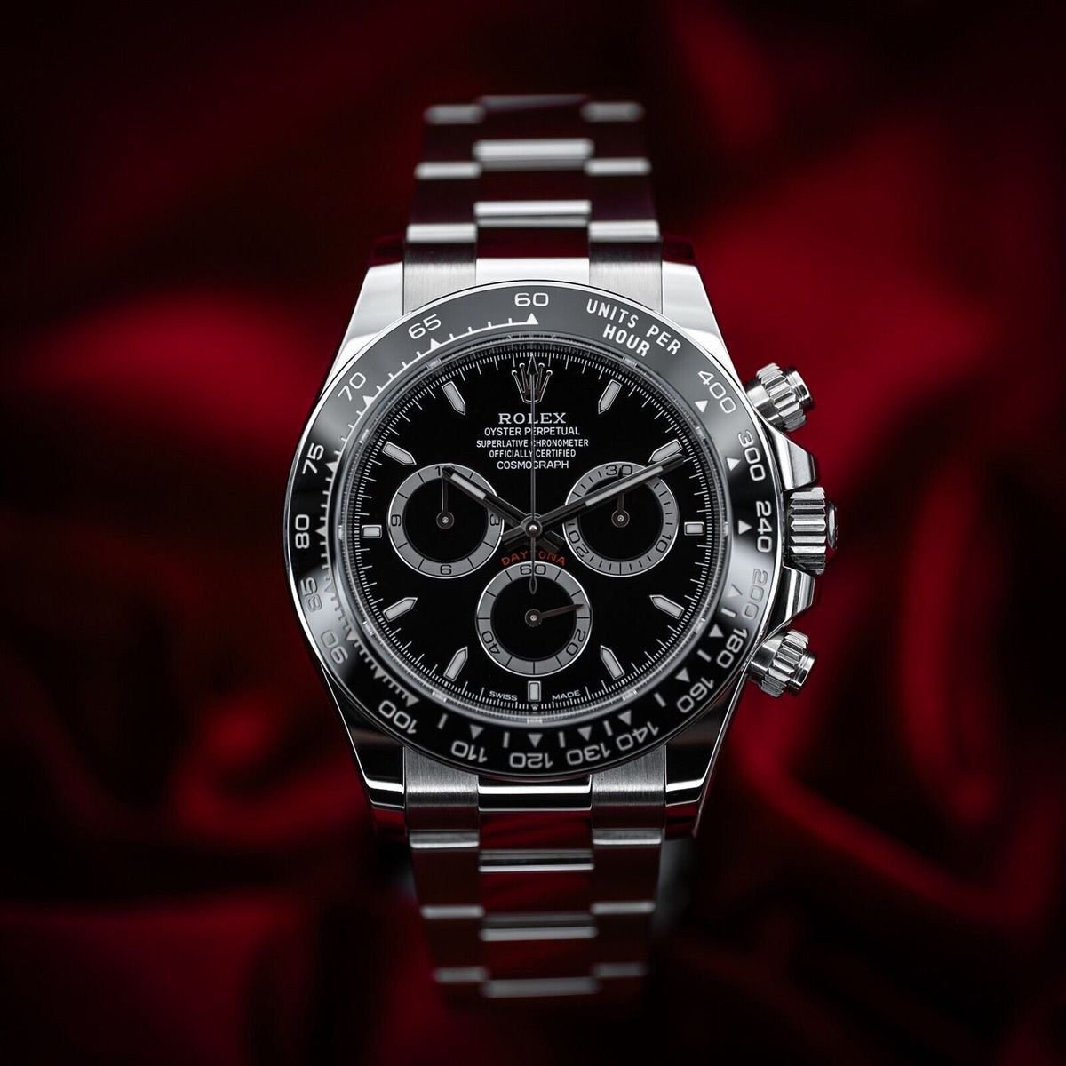 Rolex Cosmograph Daytona in Oystersteel black dial watch.