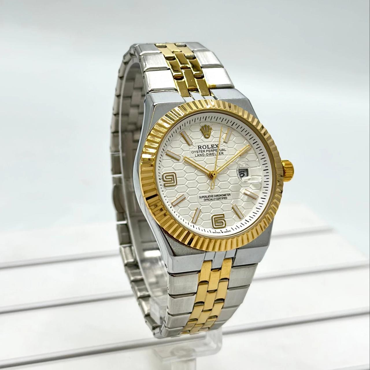 Rolex Oyster Perpetual Land-Dweller watch with silver and gold two-tone finishfluted bezel.