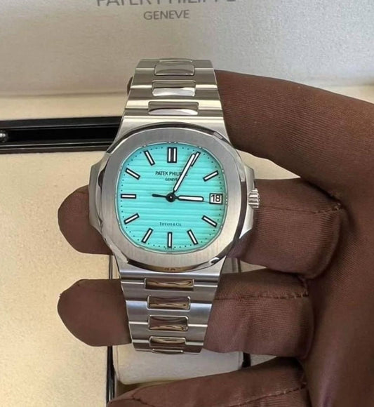 Patek Philippe Nautilus watch with a Tiffany Blue dial.