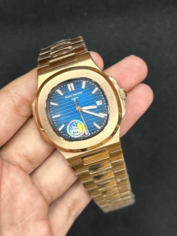 Patek Philippe Nautilus Rose Gold Blue Dial.
