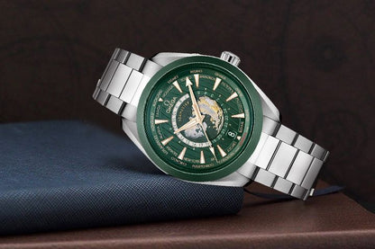 Omega Seamaster Aqua Terra 150M Co-Axial GMT Worldtimer Watch green dial.