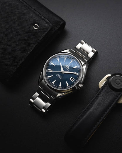 Omega Seamaster Aqua Terra 150M Co-Axial Master Chronometer 38 mm watch blue dial.