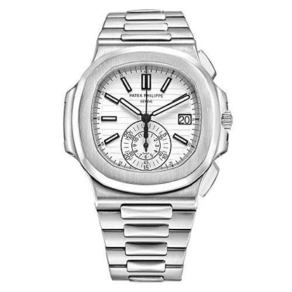 Patek Philippe Nautilus Chronograph white dial watch.