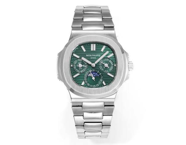 Patek Philippe Nautilus Perpetual Calendar green sunburst dial watch.