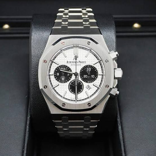 Audemars Piguet Royal Oak Chronograph white "Grande Tapisserie" dial and black sub-dials watch.