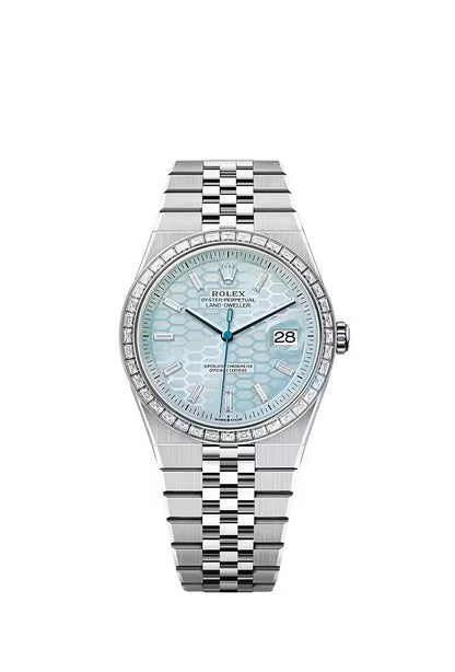 Rolex Oyster Perpetual platinum with an ice blue honeycomb dial.