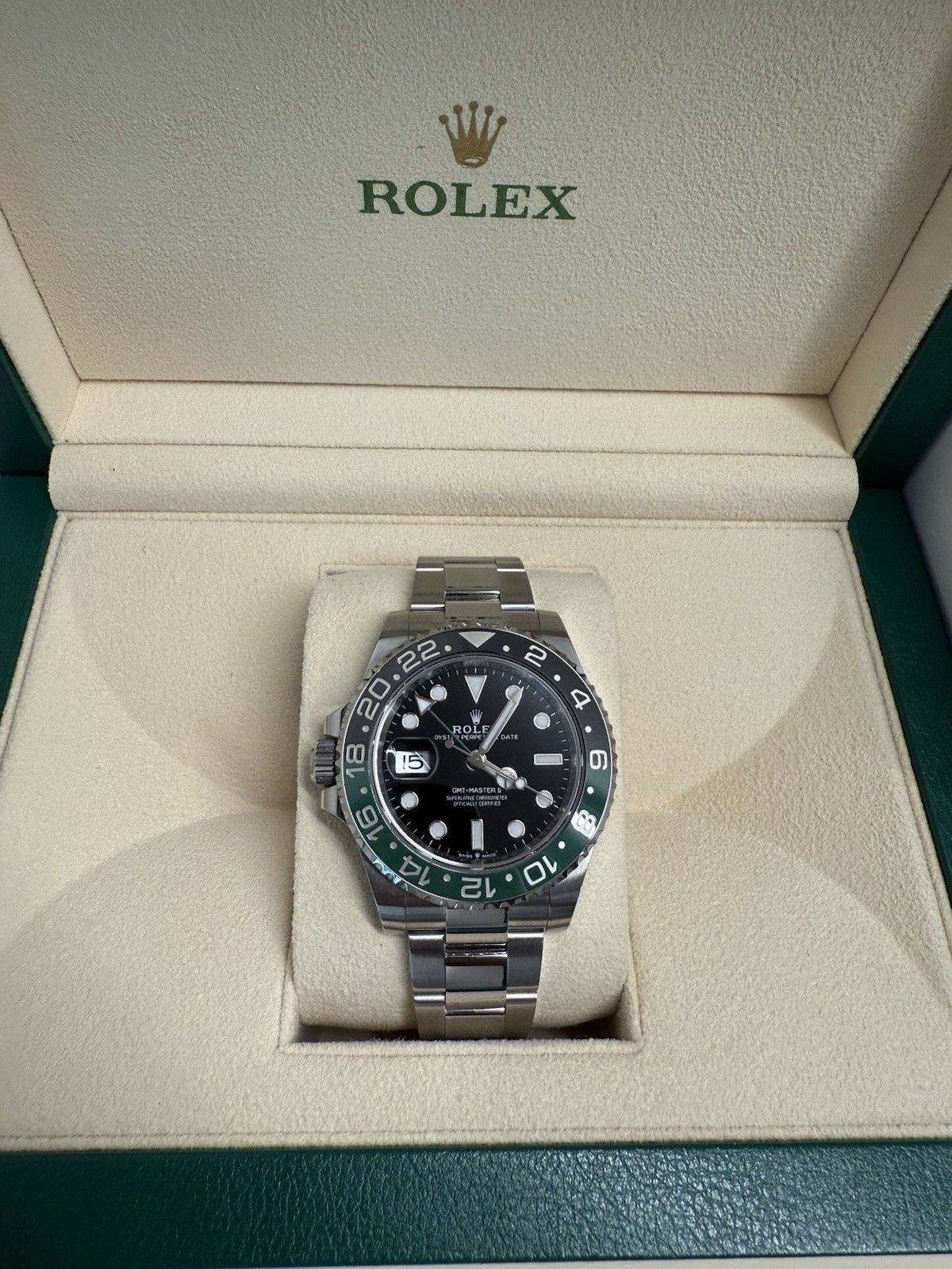 Rolex GMT-Master II “sprite”Oystersteel black dial watch.