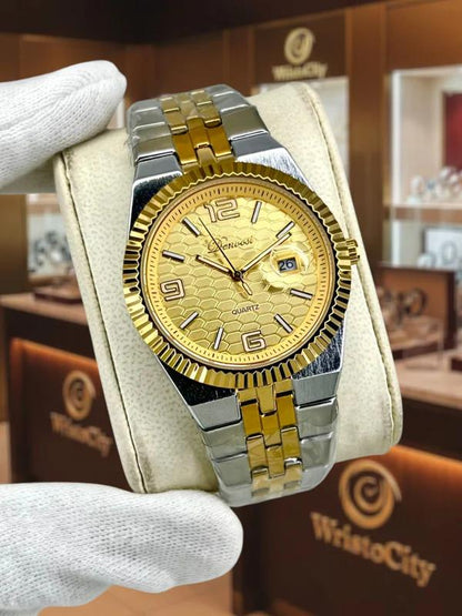 Rolex Oyster Perpetual Land-Dweller watch with a yellow honeycomb dial.