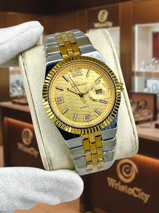 Rolex Oyster Perpetual Land-Dweller watch with a yellow honeycomb dial.