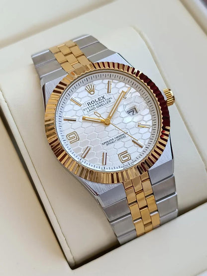 Rolex Oyster Perpetual Land-Dweller watch with silver and gold two-tone finishfluted bezel.