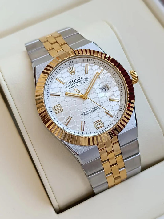 Rolex Oyster Perpetual Land-Dweller watch with silver and gold two-tone finishfluted bezel.