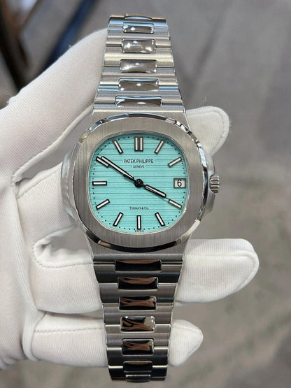 Patek Philippe Nautilus watch with a Tiffany Blue dial.