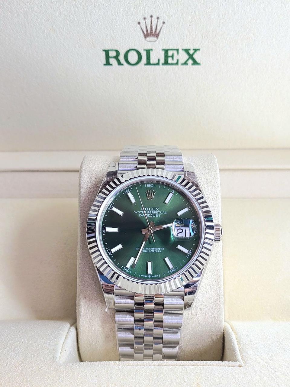 Rolex Datejust 41 with a rhodium green dial.