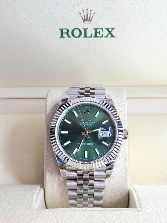 Rolex Datejust 41 with a rhodium green dial.