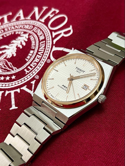 Tissot PRX silver dial and rose gold PVD bezel Watch.