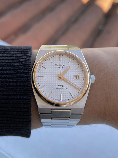 Tissot PRX silver dial and rose gold PVD bezel Watch.