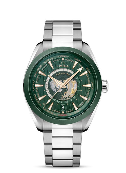 Omega Seamaster Aqua Terra 150M Co-Axial GMT Worldtimer Watch green dial.