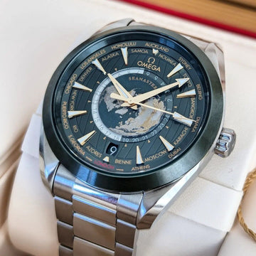 Omega Seamaster Aqua Terra 150M Co-Axial GMT Worldtimer Watch green dial.