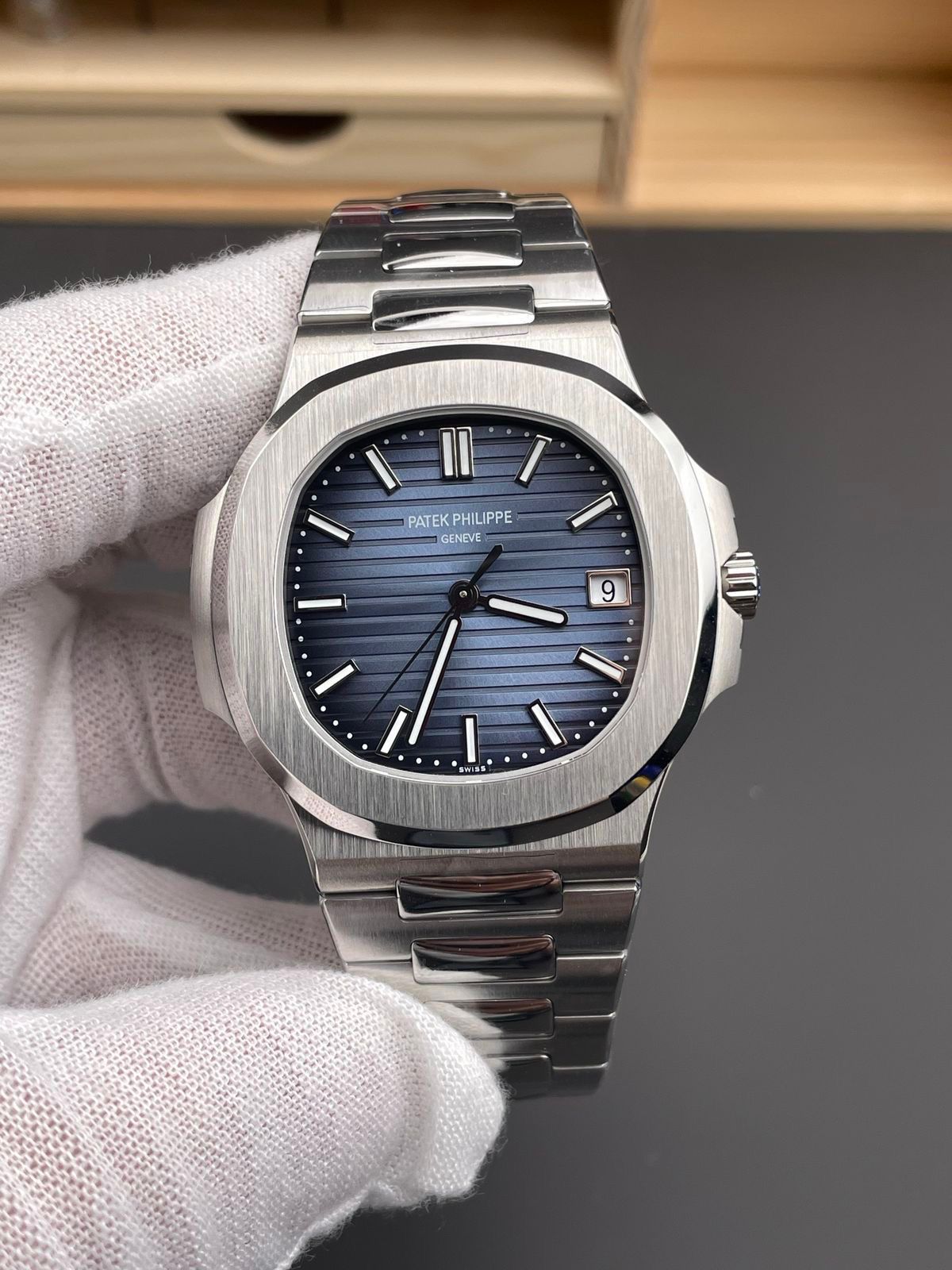 Patek Philippe Nautilus blue dial watch.