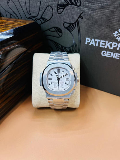 Patek Philippe Nautilus Chronograph white dial watch.