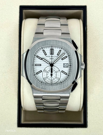 Patek Philippe Nautilus Chronograph white dial watch.