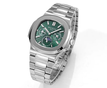 Patek Philippe Nautilus Perpetual Calendar green sunburst dial watch.