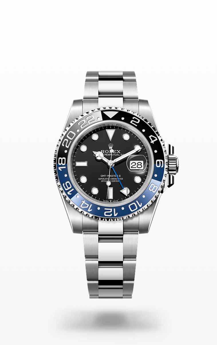 Rolex GMT-Master II "Batman" Oystersteel black dial watch.
