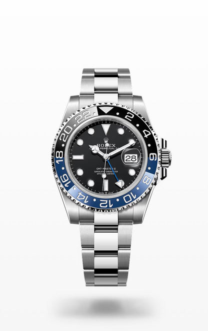Rolex GMT-Master II "Batman" Oystersteel black dial watch.