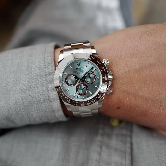 Rolex Cosmograph Daytona platinum ice blue dial watch.
