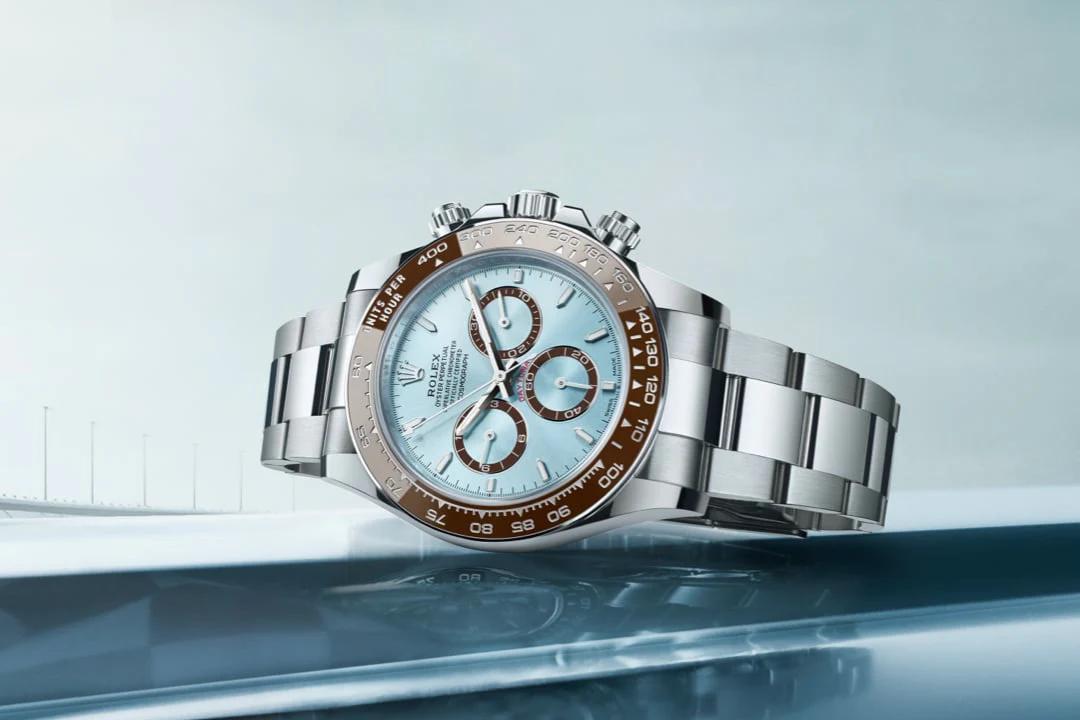 Rolex Cosmograph Daytona platinum ice blue dial watch.