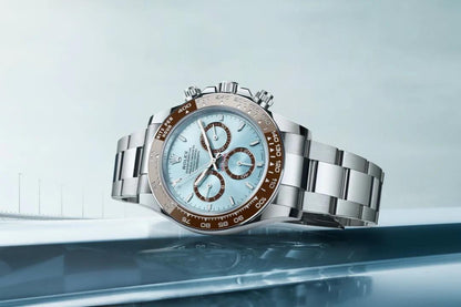 Rolex Cosmograph Daytona platinum ice blue dial watch.