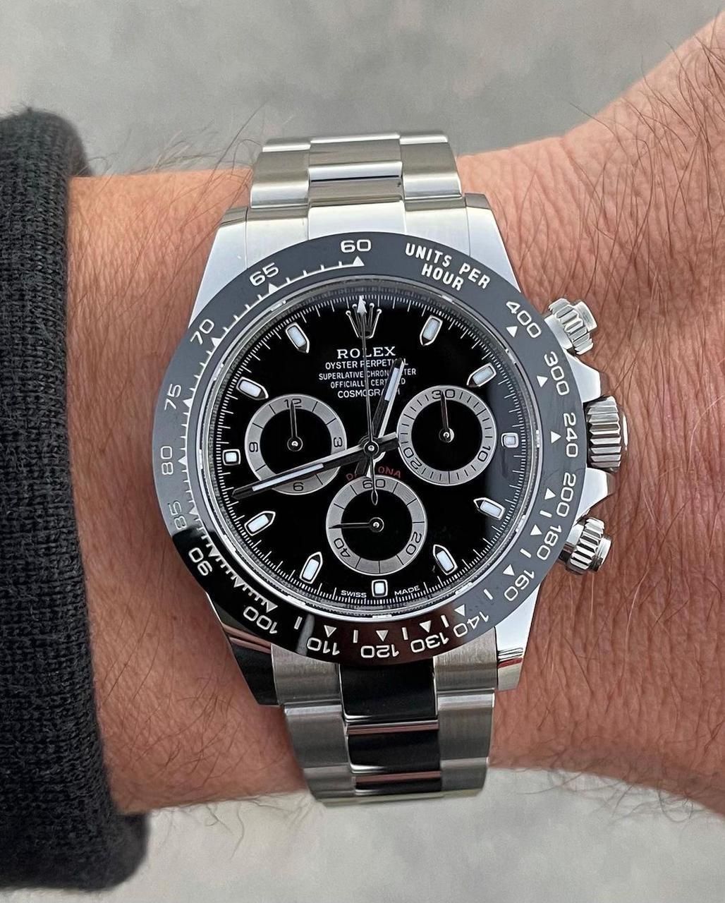 Rolex Cosmograph Daytona in Oystersteel black dial watch.