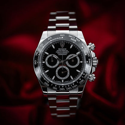 Rolex Cosmograph Daytona in Oystersteel black dial watch.