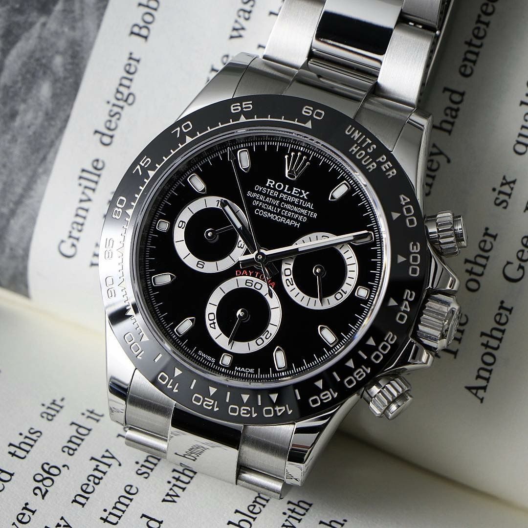 Rolex Cosmograph Daytona in Oystersteel black dial watch.