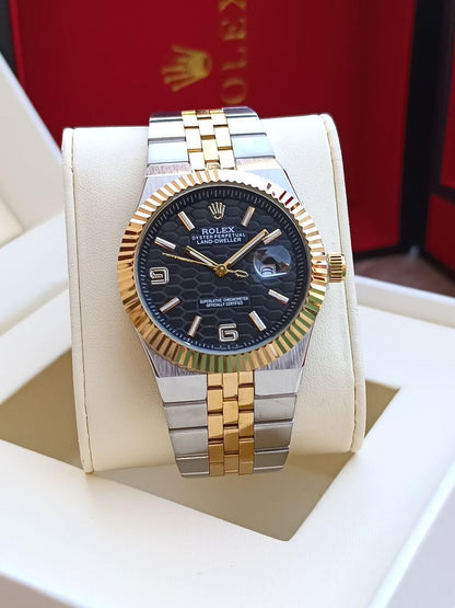 Rolex Oyster Perpetual Land-Dweller watch with a light black dial.