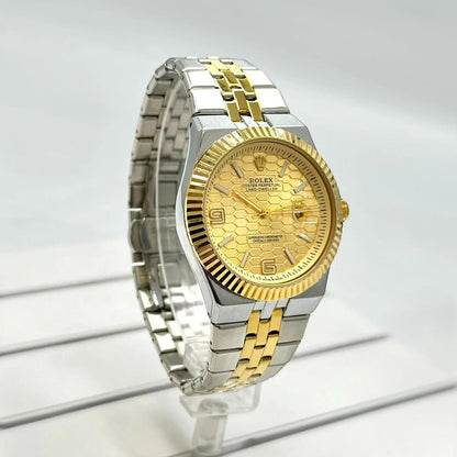 Rolex Oyster Perpetual Land-Dweller watch with a yellow honeycomb dial.
