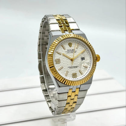 Rolex Oyster Perpetual Land-Dweller watch with silver and gold two-tone finishfluted bezel.