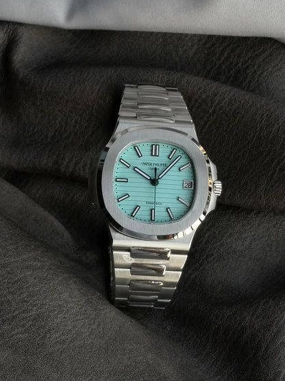 Patek Philippe Nautilus watch with a Tiffany Blue dial.