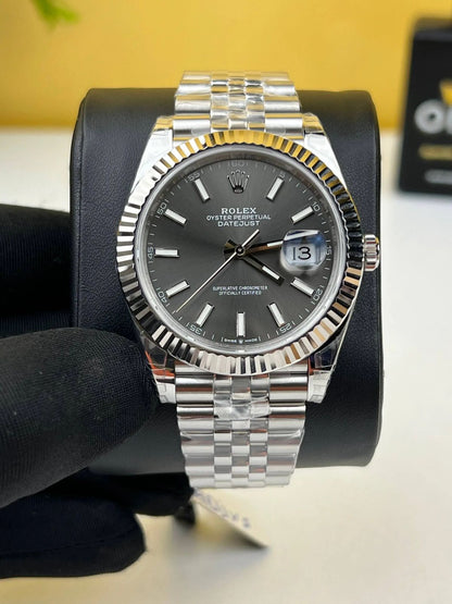 Rolex Datejust 41 with a rhodium baton dial.