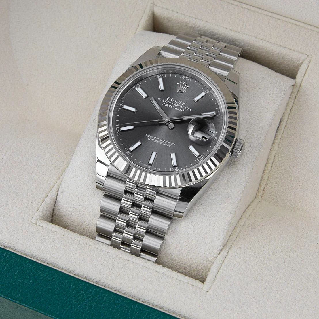 Rolex Datejust 41 with a rhodium baton dial.